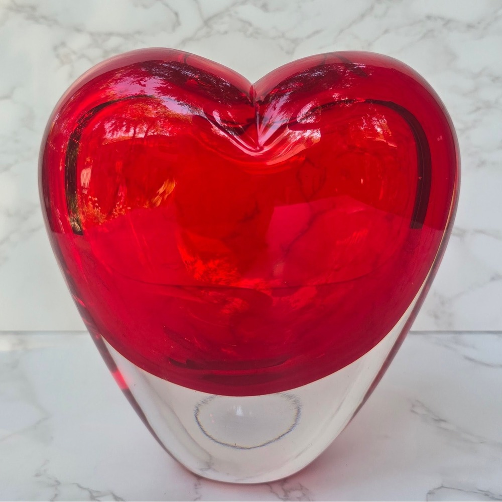 Vintage Red Heart Shaped Murano Style Glass Vase Sommerso Art Glass Vase Heavy